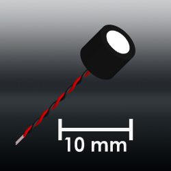 Our smallest ultrasonic transducer SC049 compared with a scale of 10 mm